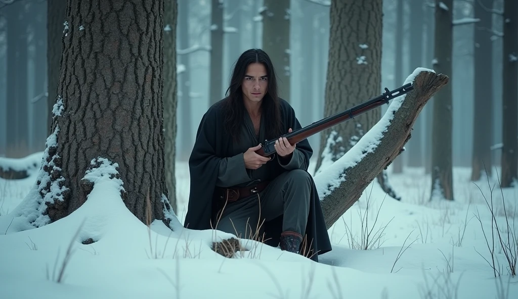 A movie still of a gritty, intense scene set in the 1800s Wild West. A handsome young Native American man with long hair and traditional clothing is kneeling behind a dead tree trunk in a snowy forest. He is wearing a dark robe and holding a musket. The man is aiming the musket at something off-camera. The background is filled with tall trees covered in snow, and the ground is covered in a thick layer of snow. The overall image has a desaturated color palette, with cool colors dominating.