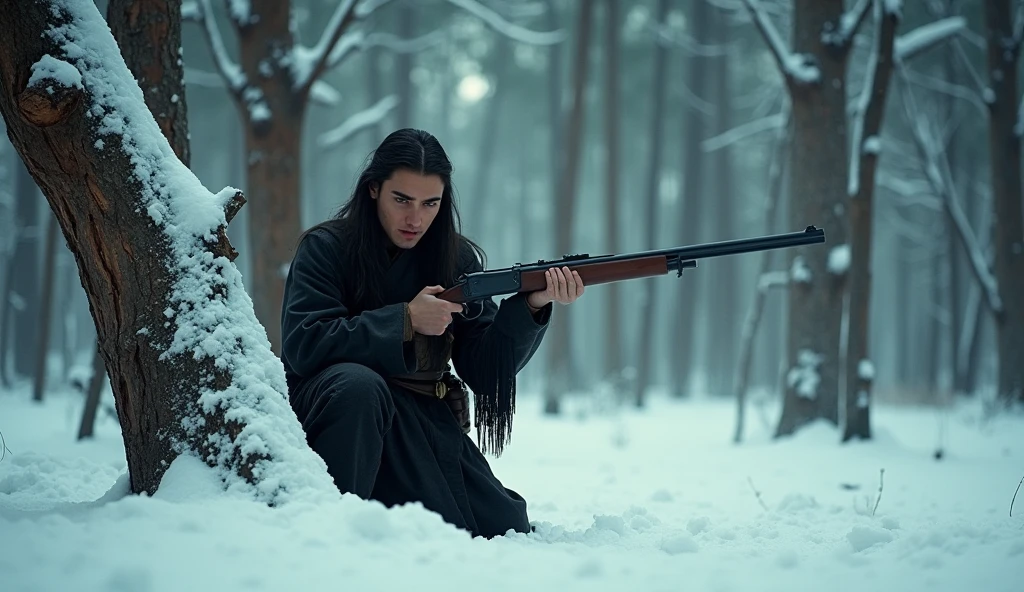 A movie still of a gritty, intense scene set in the 1800s Wild West. A handsome young Native American man with long hair and traditional clothing is kneeling behind a dead tree trunk in a snowy forest. He is wearing a dark robe and holding a musket. The man is aiming the musket at something off-camera. The background is filled with tall trees covered in snow, and the ground is covered in a thick layer of snow. The overall image has a desaturated color palette, with cool colors dominating.