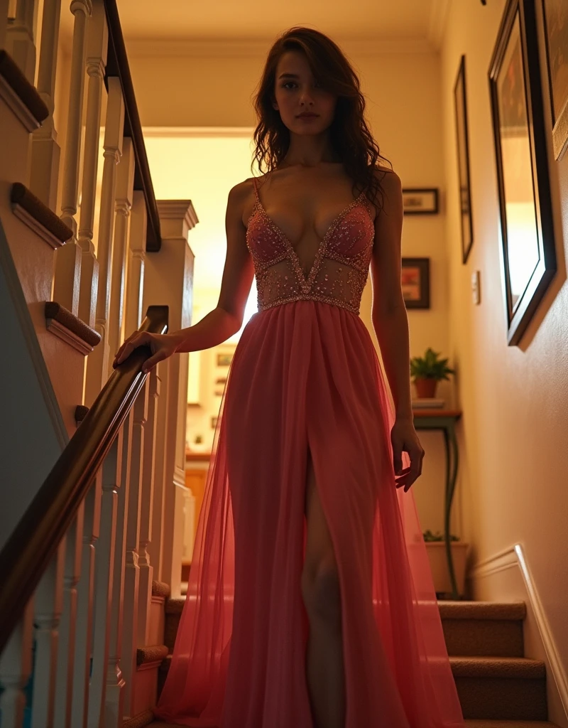 from entryway looking up, gorgeous cute  girl ready for her first prom, coming down the stairs to be picked up, knockout babe, very thin slender frame with accentuated female features, (long shiny contemporary prom dress), unintentional cleavage, sideboob, nipslip, downblouse, (viewer emotion: extremely desirable, inducing lust, tempting, enticing, sensual, intimate), (girl emotion: blushing, embarrassing:1.2, reserved, excited), toothless smile, vibrant colors, afternoon lighting, family home with open floor plan and balcony, wall decorations, 1990s, (photorealistic, photo-realistic, realistic, masterpiece, best quality, 8k, high-res, intricate details:1.4)