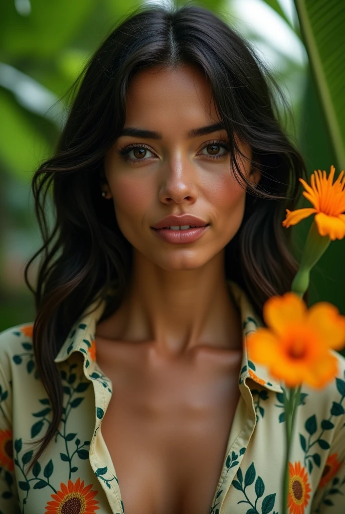 A Brazilian woman in a lush tropical garden, wearing an open shirt with a floral print, with a close-up capturing the harmonious beauty between her breasts and the natural flowers, showing off your natural charm and outgoing personality.