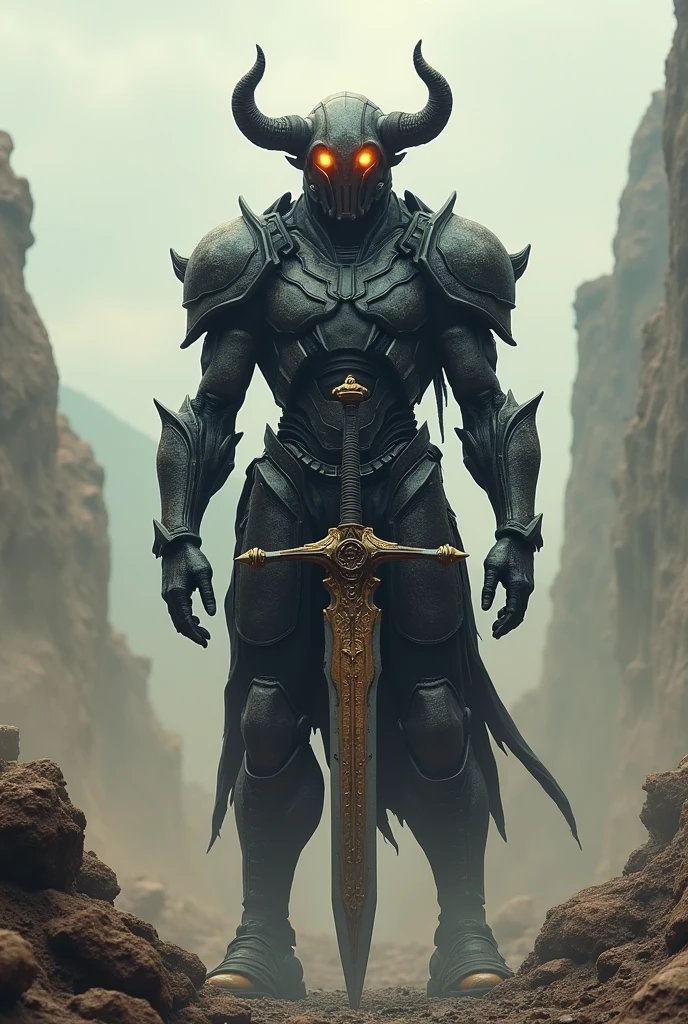 Imagine a two-meter humanoid with legs made of a mixture of flesh and metal making it look like armor that covers its entire body including its face that does not seem to have visible features since it seems to be covered by a helmet with only two luminous points where its eyes should be.,On the part of its skull it has horns making it look like a crown.He is serious and reserved.He has no clothes as practically his entire body is covered by his techno-organic skin similar to a black comor armor mixed with gray..He always carries a sword with engravings on its blade that faintly mock.He has the ability to control the cone energy that he channels into his sword to attack..He lives in a ruined world without many resources that is in constant war. He is a warrior who only fights to survive.