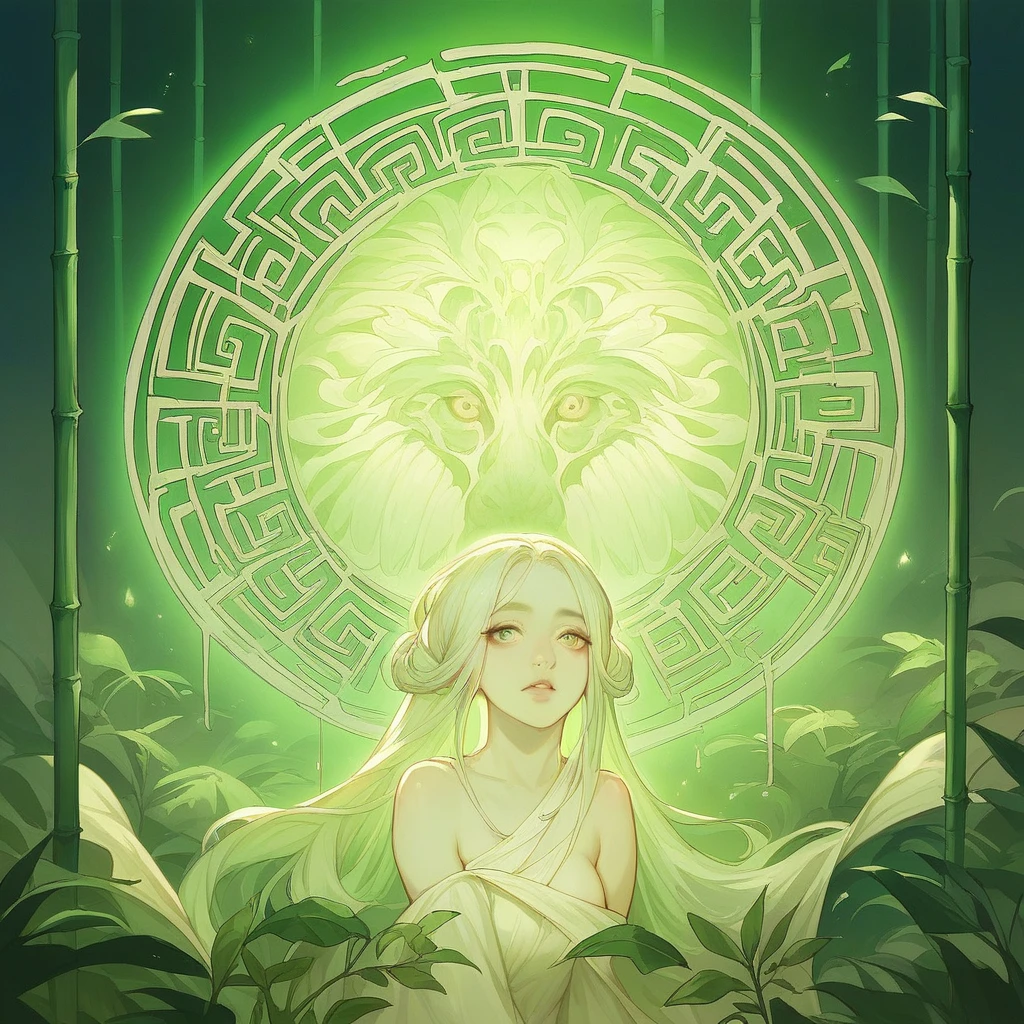 Ancient china, chinese fantasy, glowing background, dreamy ethereal effect, soft outlines soft lighting, a chinese maiden in bamboo forest, hyperrealistic, high resolution, white green browns earthy