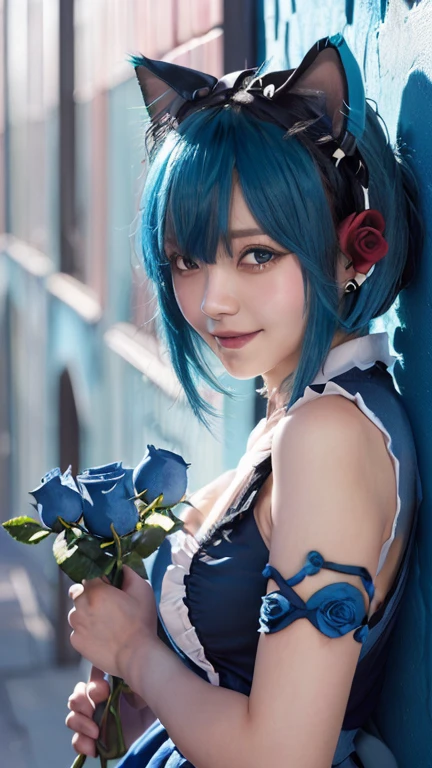 (Emo art:1.6), masterpiece, 4K, Bokeh, high school girl, Beautiful Face, (Cat ear:1.3), (Blue Hair:1.6) , (Japanese Idols:1.6), Blushed, (Blue maid costume :1.4), Looking at the audience, close,
(Blue Background :1.4), ( A wall of lots of blue roses:1.6),Cute smile