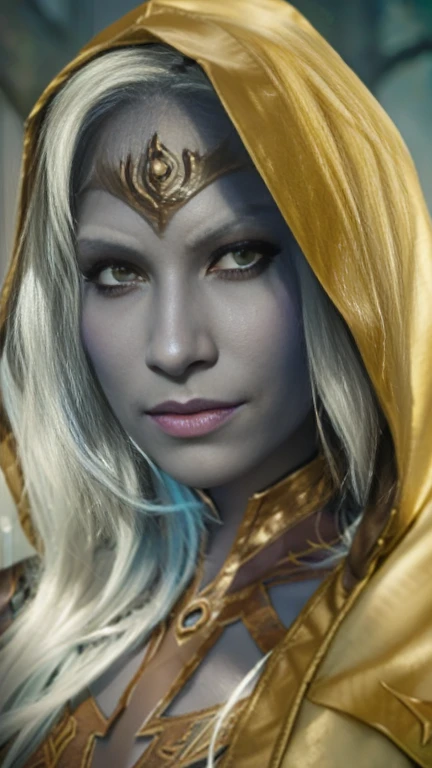 a painting of a dark elf woman with dark colored eyes wearing a hood and a sword, drow, perfect drow, elfa drow, Detailed Matte Fantasy Portrait, drow ranger, of an ancient ring elf, blue skin elf, guapo drow, fantasy portrait art, fantasy woman, elven, dark elf maiden, elf character with smile, Dark Elf Princess