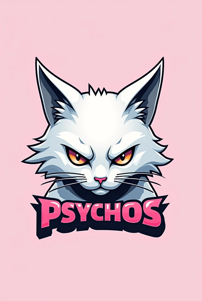 Japanese style psycho white cat with light grey ears light pink background and write Psychos that looks cool for gaming. Turn it into a logo