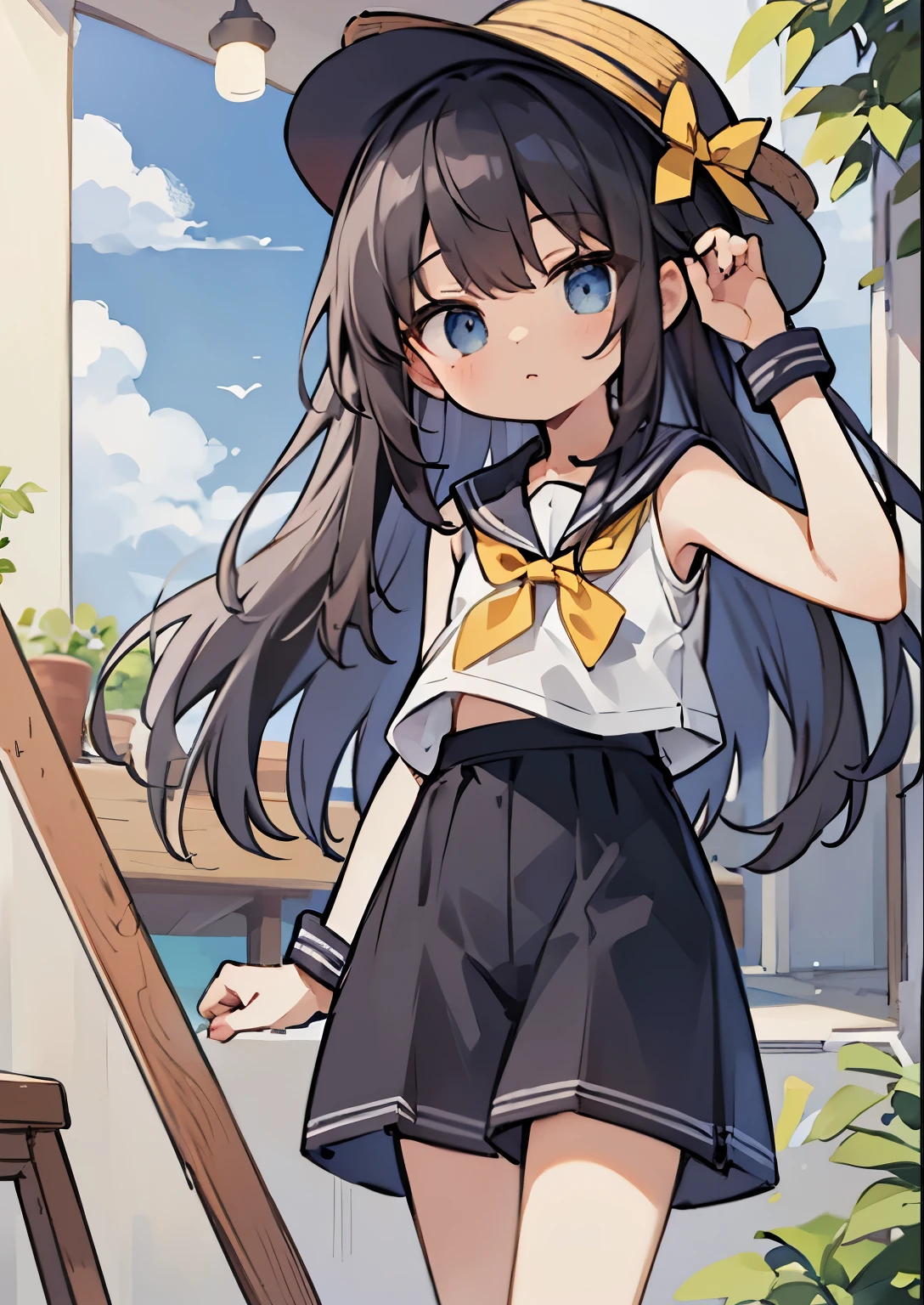 Highest quality、Masterpiece、Black medium hair、(Sleeveless、Sailor collar、White shirt:1.2)、high-waisted shorts、black culottes、(Petite、:1.3)、flat body、Yellow ribbon、Blue Eyes、Straw hat、