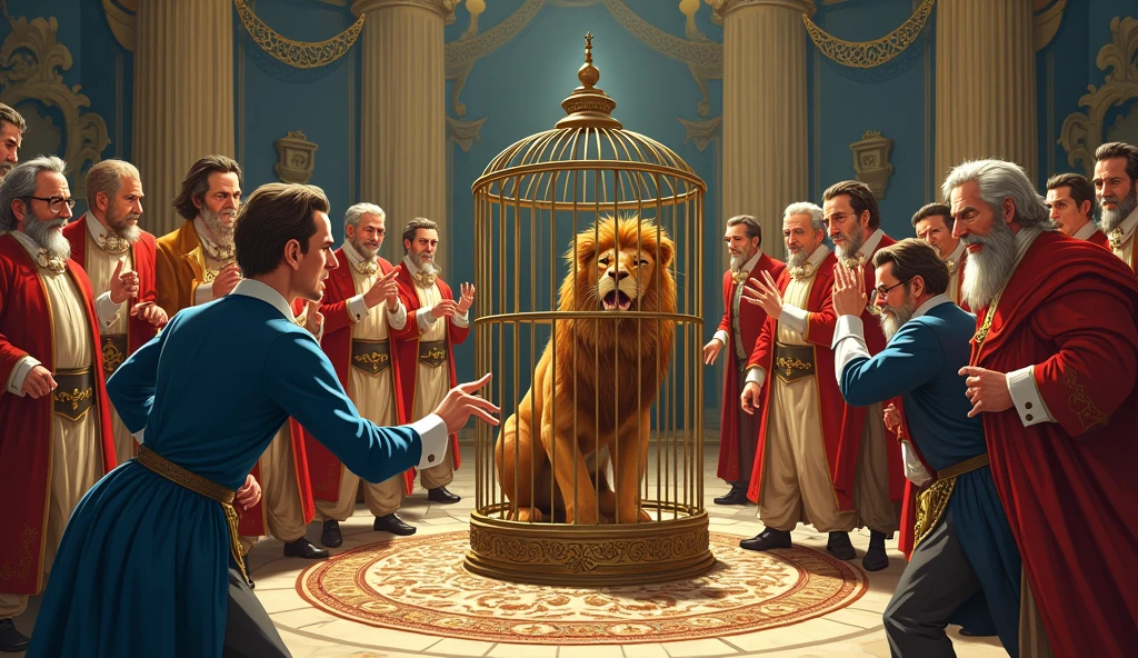Courtiers Attempting the Challenge
Illustrate various courtiers trying to solve the problem using different methods, failing to remove the lion from the cage.