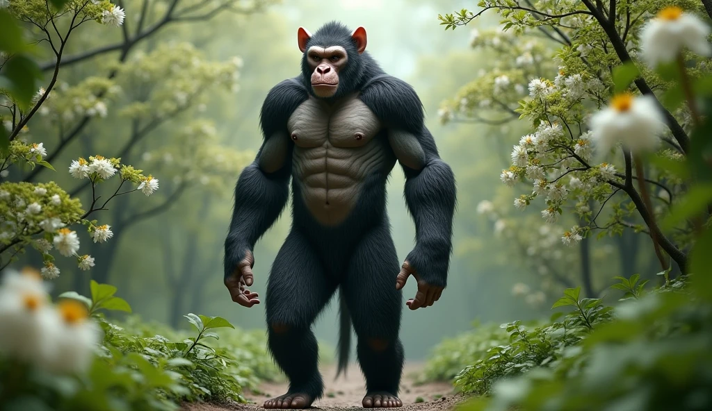 Front view,There is a wild beast in the osmanthus forest,Looks like an ape with white ears,Walking upright(best quality,4K,8k,High level,masterpiece:1.2),Ultra Detailed,(lifelike,Photo real,Photo real:1.37)