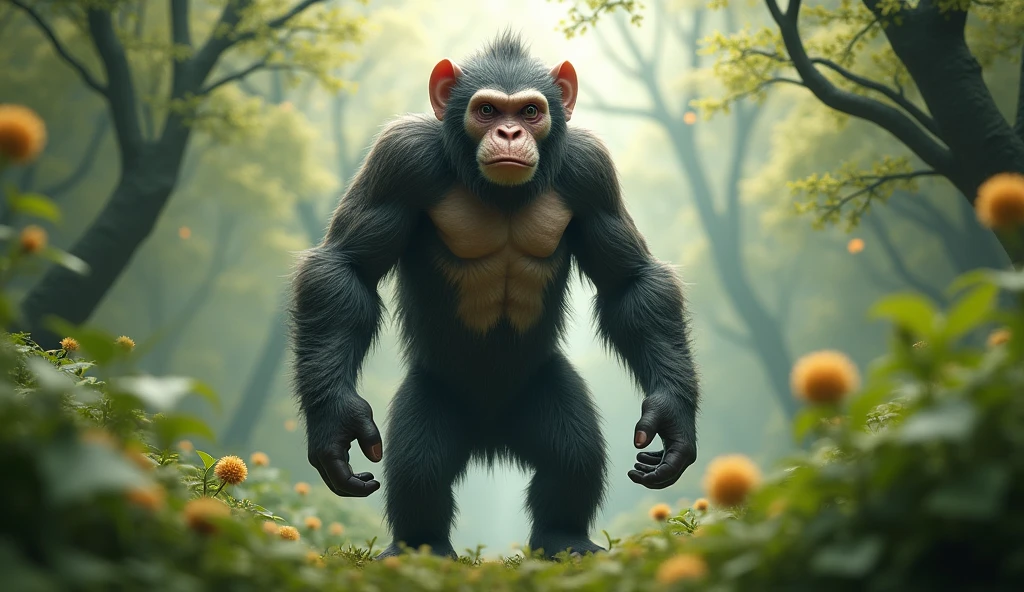 Front view,There is a wild beast in the osmanthus forest,Looks like an ape with white ears,Walking upright(best quality,4K,8k,High level,masterpiece:1.2),Ultra Detailed,(lifelike,Photo real,Photo real:1.37)