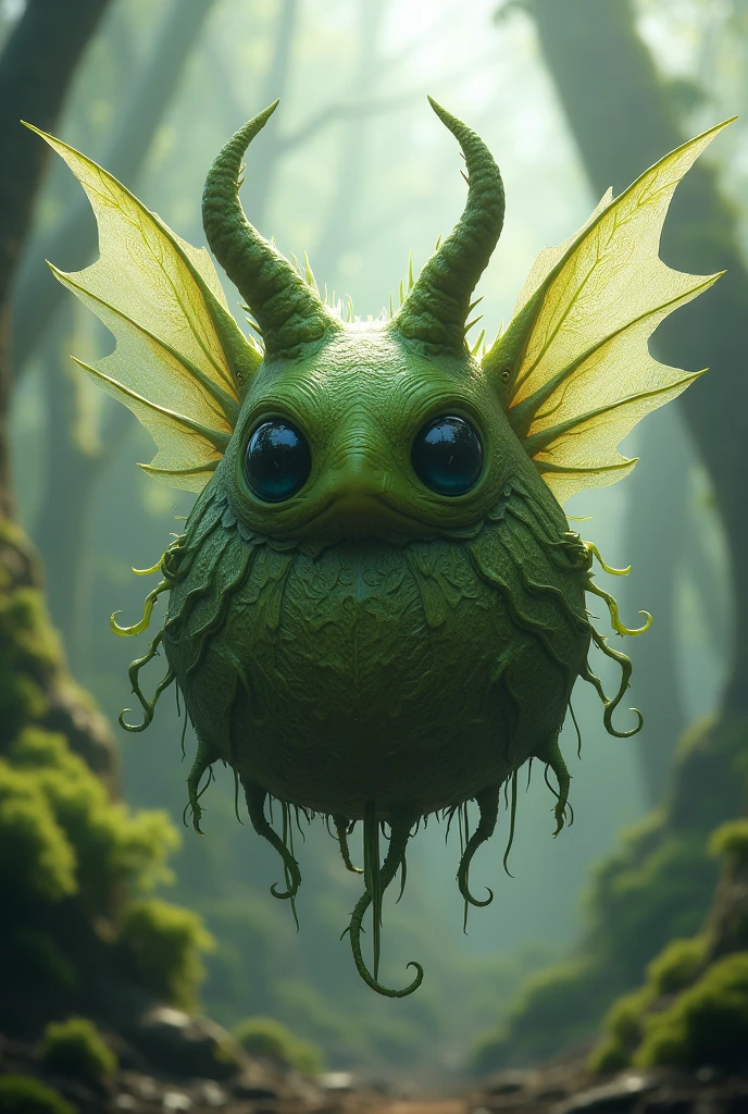 Make me a being with a green circular body, with eyes on two wings, two big horns