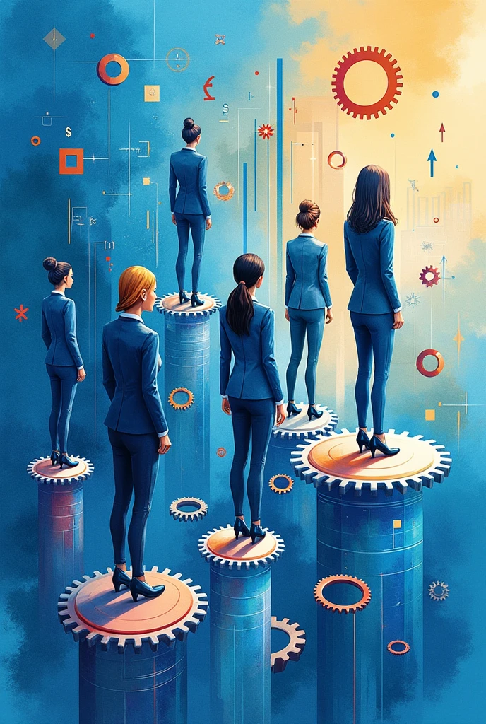 Create three-dimensional gears, circles, and squares, currency, graph lines, and many business woman Wear a dark blue suit images. Using watercolor and mixed media Use bright colors The light source is in the upper right corner,background blue. --ar 2:3