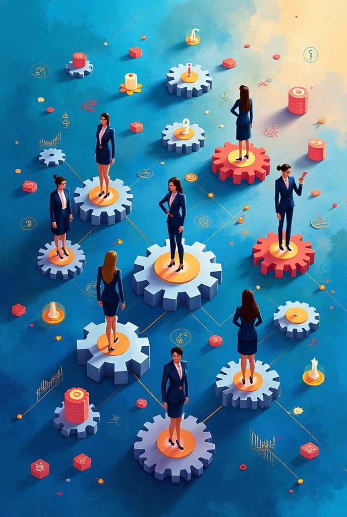 Create three-dimensional gears, circles, and squares, currency, graph lines, and many business woman Wear a dark blue suit images. Using watercolor and mixed media Use bright colors The light source is in the upper right corner,background blue. --ar 2:3