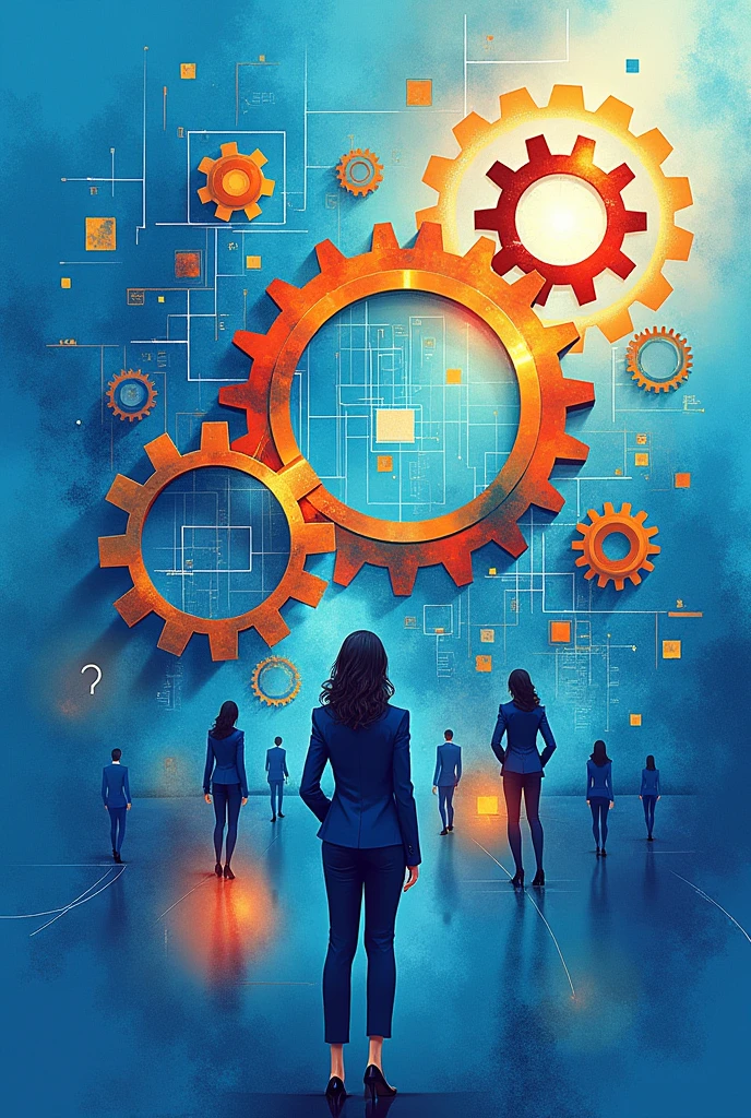 Create three-dimensional gears, circles, and squares, currency, graph lines, and many business woman Wear a dark blue suit images. Using watercolor and mixed media Use bright colors The light source is in the upper right corner,background blue. --ar 2:3