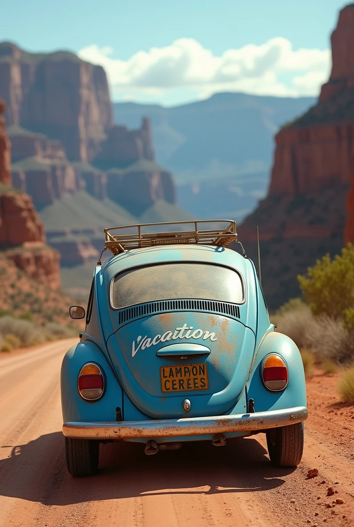 Rear of a 1973 blue Beetle traveling through the Grand Canyon in the USA on vacation, with written logo "vacation"