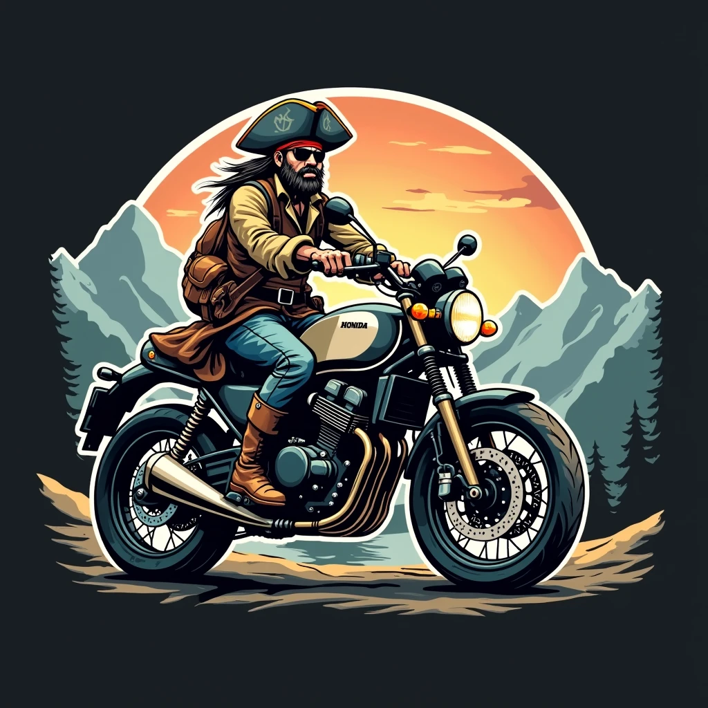 ((logo with white border:1.5)), ((Honda NC750X model year 2024 :1.5)) , ((trail bike with suitcases:1.5)), ((pirate driving motorcycle)), (((crear un logo with white border de un pirata manejando una honda NC750x))), mountains background