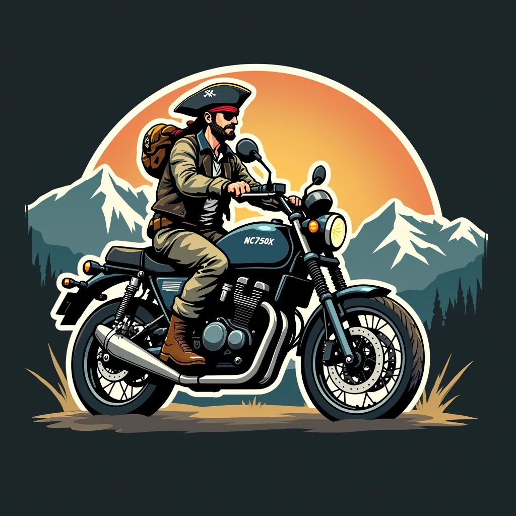 ((logo with white border:1.5)), ((Honda NC750X model year 2024 :1.5)) , ((trail bike with suitcases:1.5)), ((pirate driving motorcycle)), (((crear un logo with white border de un pirata manejando una honda NC750x))), mountains background