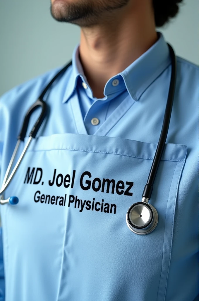 Medical apron embroidered with the name MD. Joel Gomez and below the position of General Physician