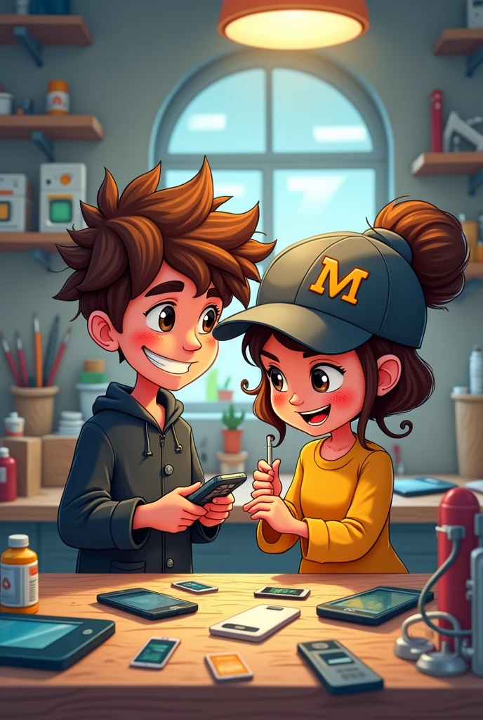 One boy and girl 3d doodle are mobile phone technicians in workshop they are repairing mobile phones with screw driver in workshop many cel phones around them and they wear black pajama yellow top and cap on cap written mm