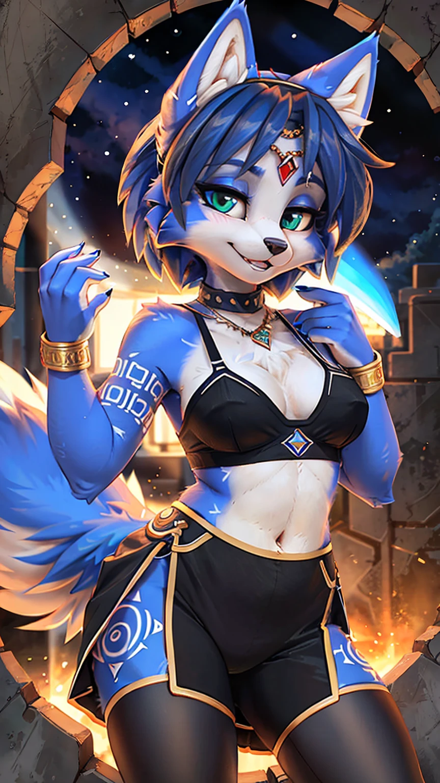 A beautiful and detailed (sweet picture) wa ((krystal)), Star Fox krystal, sslim, lovable, green eyes, medium breasts, (((Long blue hair 1.3))), Decollete, anthro, furry, Uploaded E621, detailed fluffy fur, (wa Fluff-Kevlar, Bayard Wu, Pino Daeni), detailed face, (fluffy), 1 girl, alone, sweet girl, (((hole body))), black highlights, black eyeliner, black mascara), wear sexy gothic clothes, hochper body shot, winks, Grinning