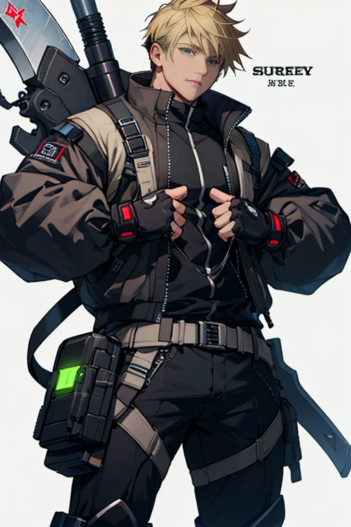 Dark brown、male、Blonde、Green Eyes、Short cut、Exoskeleton、cyber punk、Height 180cm、Axe gun、Cheerful、Broken Uniforms、Character portrait、Background design、「Special Equipment Division 3」The words are written on the clothes