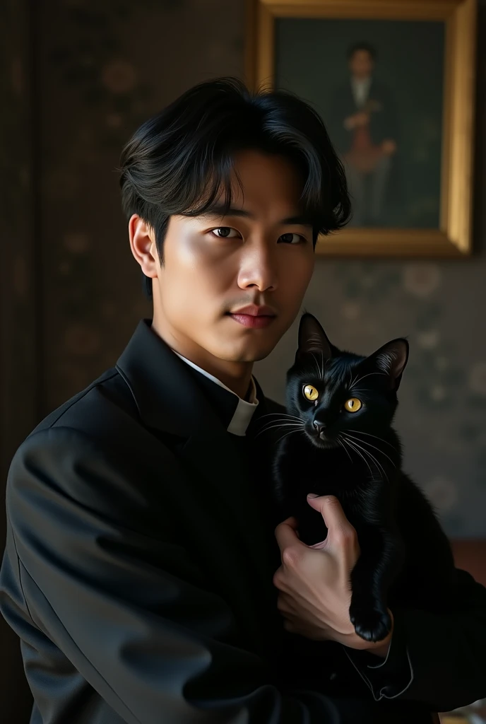 Create a realistic photo of a charismatic handsome filipino-korean seminarian holding a black cat for my cover in my novel about a boys love story of a seminarian and vampire.