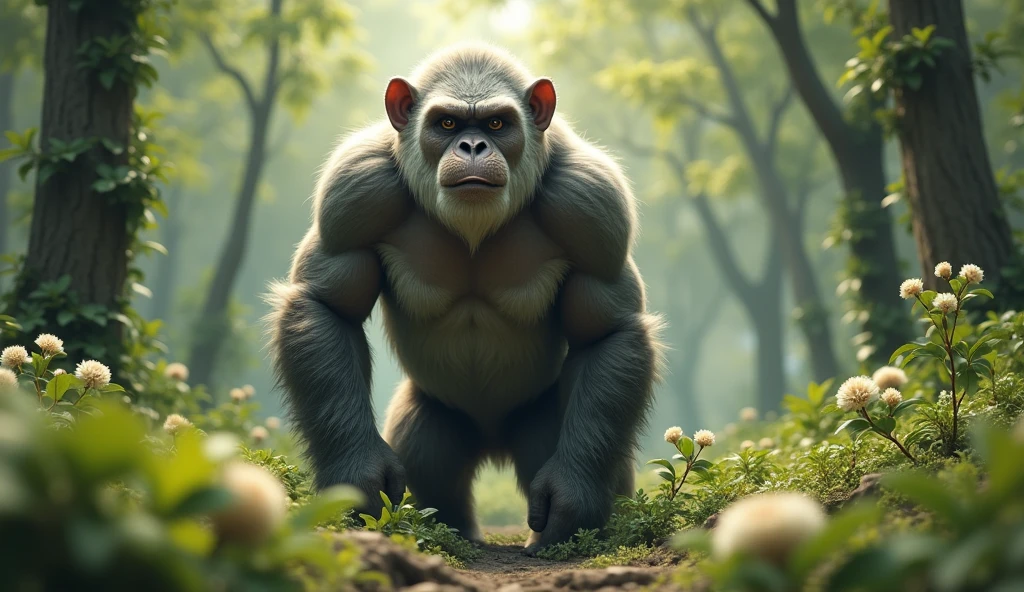 Front view,There is a wild beast in the osmanthus forest,Looks like an ape with white ears,Walking upright(best quality,4K,8k,High level,masterpiece:1.2),Ultra Detailed,(lifelike,Photo real,Photo real:1.37)