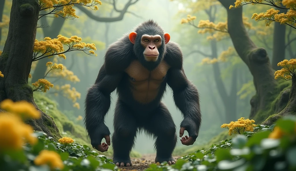 Front view，There is a wild beast in the osmanthus forest，Looks like an ape with white ears，Walking upright（best quality，4K，8k，High level，masterpiece：1.2），Ultra Detailed，（lifelike，Photo real，Photo real：1.37）