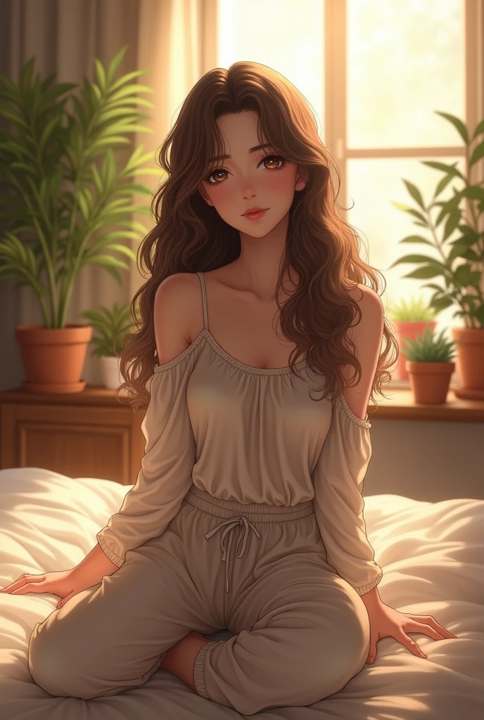 (photorealism:1.2), beautiful woman, sitting on bed, wearing loose off-shoulder top, pajama pants, long curly hair, indoors, soft lighting, plants in background, window with sunlight, cozy room, relaxed pose, realistic, intricate details, warm colors, anime