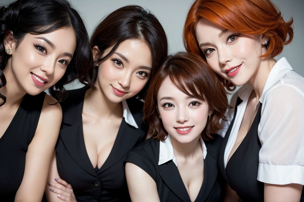three sexy women in teacher outfits, looking at camera, cute smiles, happy opened mouths, goth eye makeup, close up faces portrait, short curly orange hair, view from below
