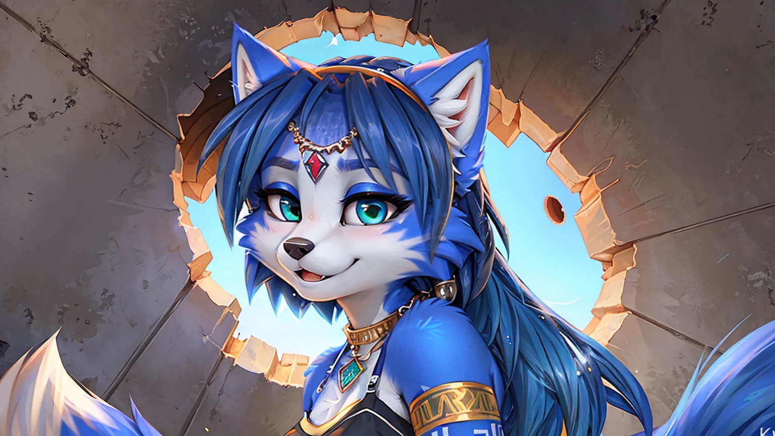 A beautiful and detailed (sweet picture) wa ((krystal)), Star Fox krystal, sslim, lovable, green eyes, medium breasts, (((Long blue hair 1.3))), Decollete, anthro, furry, Uploaded E621, detailed fluffy fur, (wa Fluff-Kevlar, Bayard Wu, Pino Daeni), detailed face, (fluffy), 1 girl, alone, sweet girl, (((hole body))), 