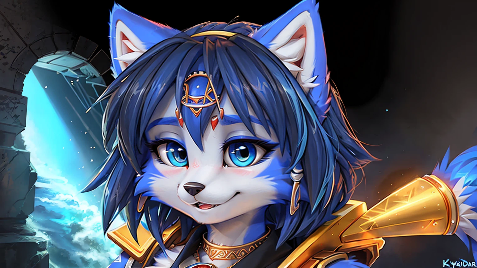 A beautiful and detailed (sweet picture) wa ((krystal)), Star Fox krystal, sslim, lovable, green eyes, medium breasts, (((Long blue hair 1.3))), Decollete, anthro, furry, Uploaded E621, detailed fluffy fur, (wa Fluff-Kevlar, Bayard Wu, Pino Daeni), detailed face, (fluffy), 1 girl, alone, sweet girl, (((hole body))), black highlights, black eyeliner, black mascara), wear sexy gothic clothes, hochper body shot, winks, Grinning