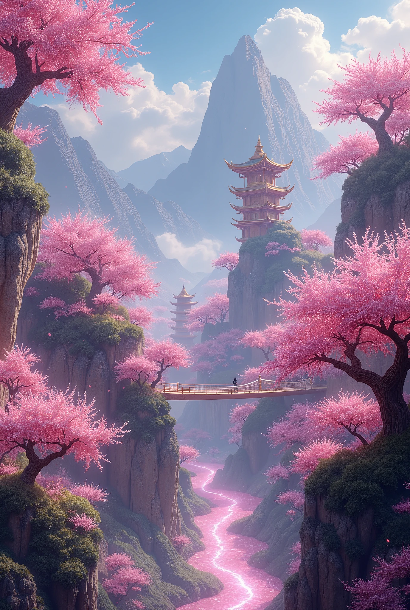 A vast and magical kingdom of the Sakurianas set in 2000 B.C. in China. The kingdom is located within a sprawling forest of Sakura trees, with petals constantly falling, creating an enchanting atmosphere. The trees are vibrant, with blossoms in various shades of pink. The architecture includes shimmering, translucent palaces elevated on platforms that overlook fields of Sakura. The structures are adorned with pink hues, reflecting the soft color of the Sakura flowers. Floating pathways made of glass connect different parts of the kingdom, allowing the Sakurianas to walk among the trees and over rivers filled with floating Sakura petals. The kingdom is protected by barriers formed from indestructible and poisonous Sakura petals that shimmer with a mystical glow. High observation towers covered with Sakura flowers serve as watchtowers, with vigilant Sakurianas ready to command the petals for defense. The landscape also features floating gardens full of different flowers and herbs, suspended above the kingdom, fed by the magical energy of the Sakurianas. Rivers of glowing Sakura petals flow through the kingdom, creating a serene and otherworldly ambiance. In the distance, majestic mountains frame the kingdom, adding to its natural beauty and sense of isolation from the outside world.