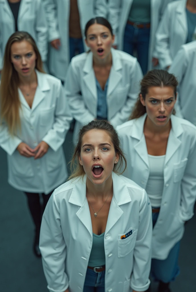 A group of sexy female white scientists screaming. Standing on the tile floor. Shot from a bird's eye view. Looking at viewer
