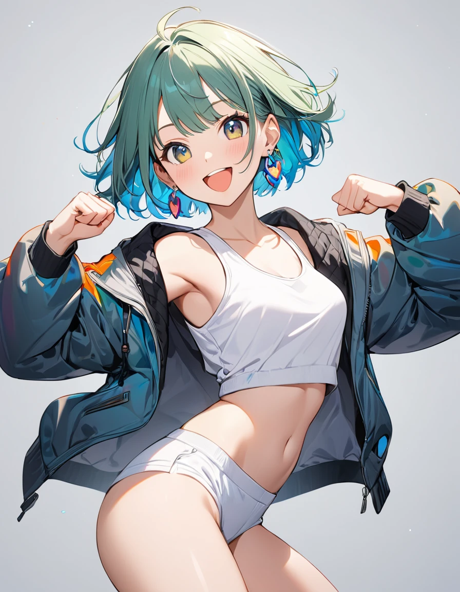 1girl, best quality, beautiful, short hair, 8K, act cool pose, jump, happy, jacket, white tanktop inside, earrings, perfect body, concept, full color