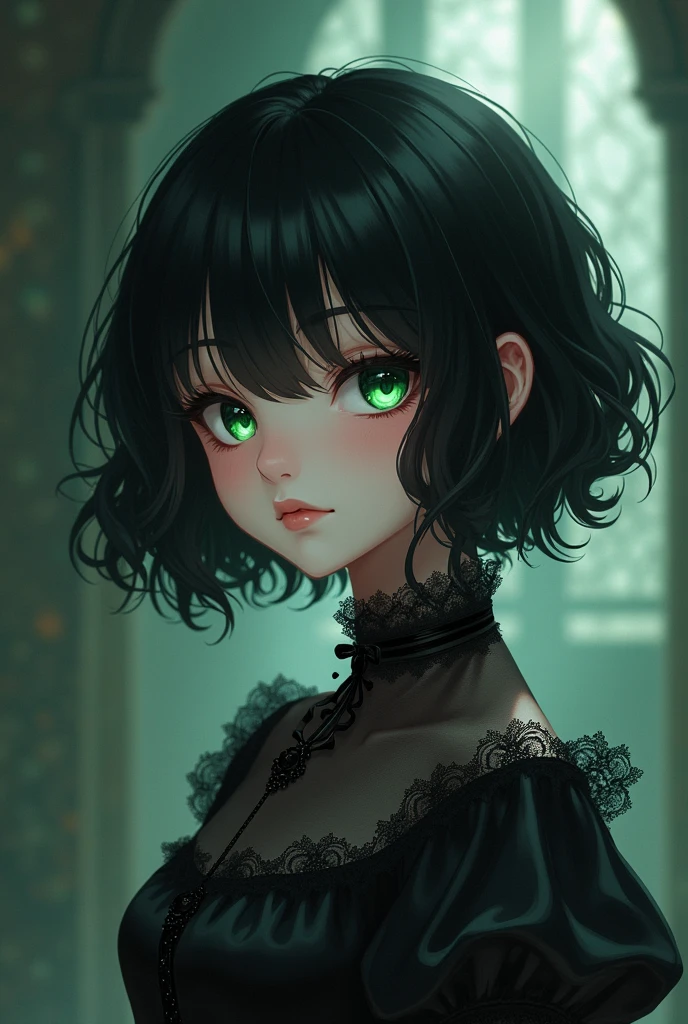Girl, like , short black wavy hair to mid-neck, dark green eyes, wears gothic style clothes. anime style.