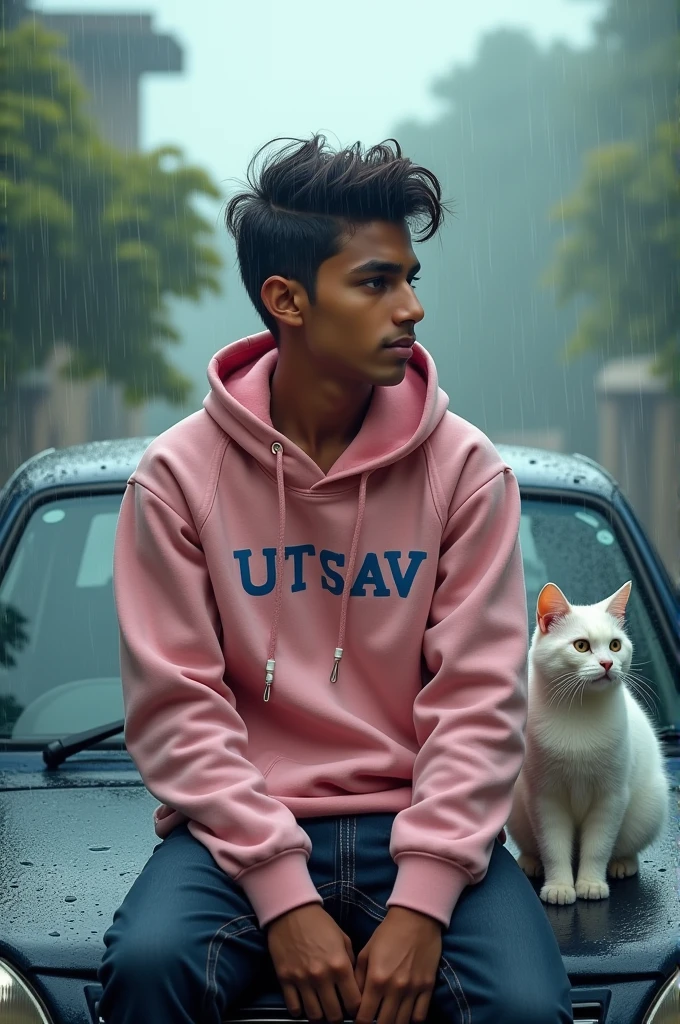 realistic indian 20 Year old cute boy sitting on the car with an umbrella and boy' wearing a pink hoodie with name "utsav " write on it, after rain and beautiful boy, with Cute white Cat, rainy mood, realistic picture