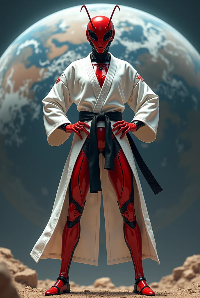 red ant, atomica, super heroi,  stark, wearing helmet , wearing a white jiu jitsu kimono, long arm sleeve,  White pants, black waist belt,  with both hands on his waist,  pose de heroi, it's not human, planet earth as background, realisitic

