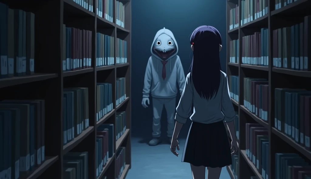 May ((A female student with long, dark purple hair that reaches the middle of her back. She always wears a red headband. She have a brown eyes color. She is wearing a long-sleeved shirt and a black skirt.)) walks down the aisle between the bookshelves, She turns a corner and sees a mole mascot ((A scary mole mascot costume, it wears a gray hoodie, a bloody suit)) standing in the dark corner of the room, its empty eyes staring straight at her.
