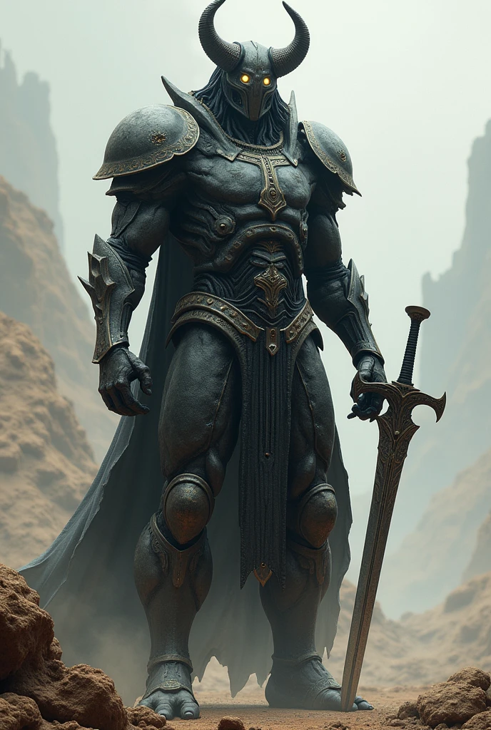 Imagine a two-meter humanoid with legs made of a mixture of flesh and metal making it look like armor that covers its entire body including its face that does not seem to have visible features since it seems to be covered by a helmet with only two luminous points where its eyes should be.,On the part of its skull it has horns making it look like a crown.He is serious and reserved.He has no clothes as practically his entire body is covered by his techno-organic skin similar to a black comor armor mixed with gray..He always carries a sword with engravings on its blade that faintly mock.He has the ability to control the cone energy that he channels into his sword to attack..He lives in a ruined world without many resources that is in constant war. He is a warrior who only fights to survive.