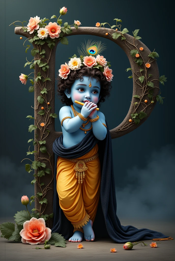 Create an image of a baby Krishna with a delicate, soft blue complexion, dressed in a traditional yellow dhoti and a black shawl adorned. He wears a garland of flowers on his head, including a peacock feather, and plays a flute with a serene expression. Krishna is standing next to a large, elegant black gradient letter ‘P’, which is embellished with flowers and vines in another side. background dynamic a dark gradient, highlighting the divine and tranquil atmos