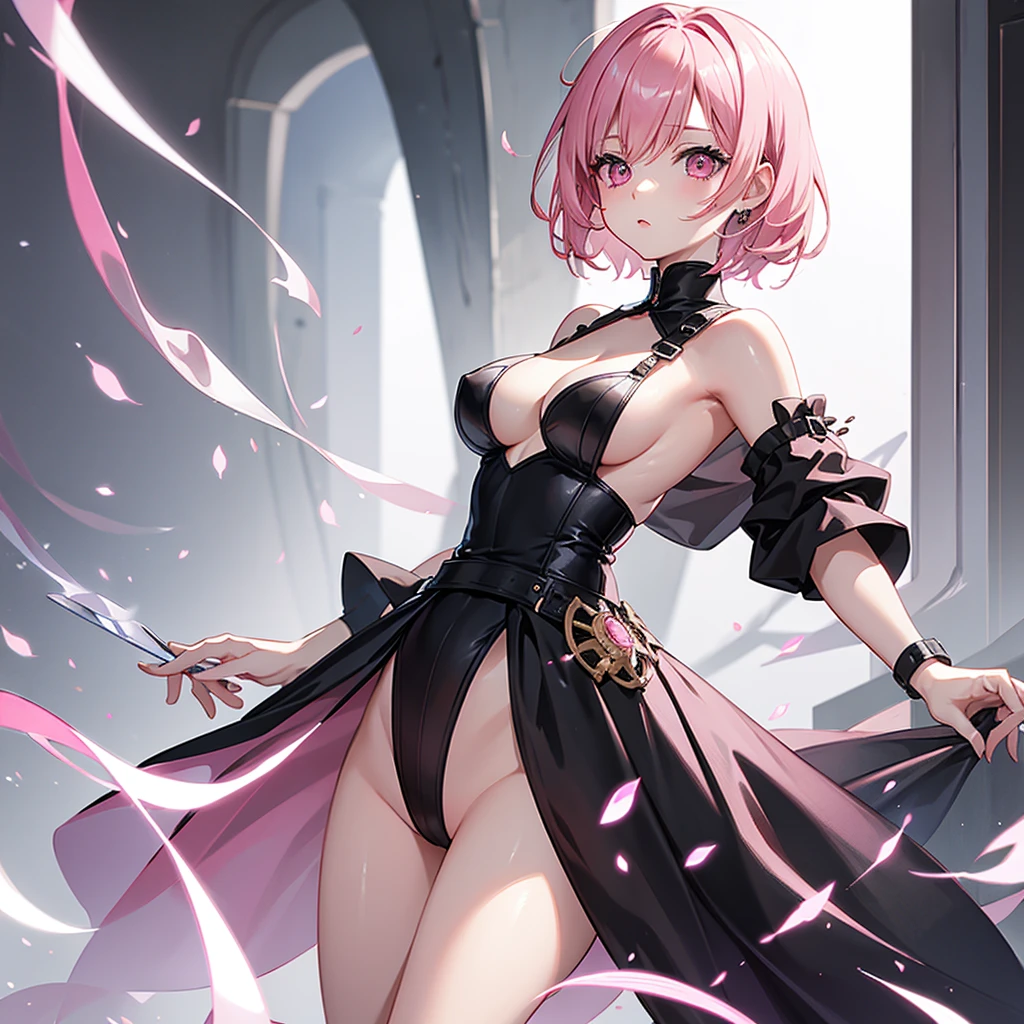 short pink hair, pink eyes and white skin, small breasts and curvy body, black gown