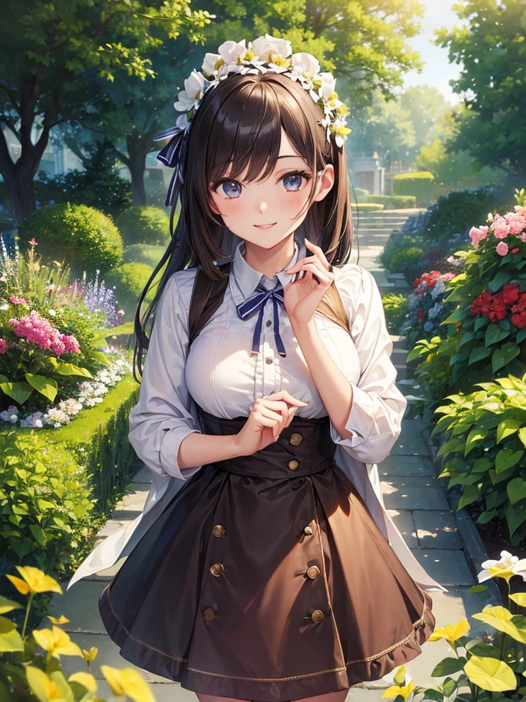 (masterpiece:1.5),(Beat quality),(high res),1girl solo,beautiful face,smile(shining eyes),upper body,light effects,Plainclothes woman,garden