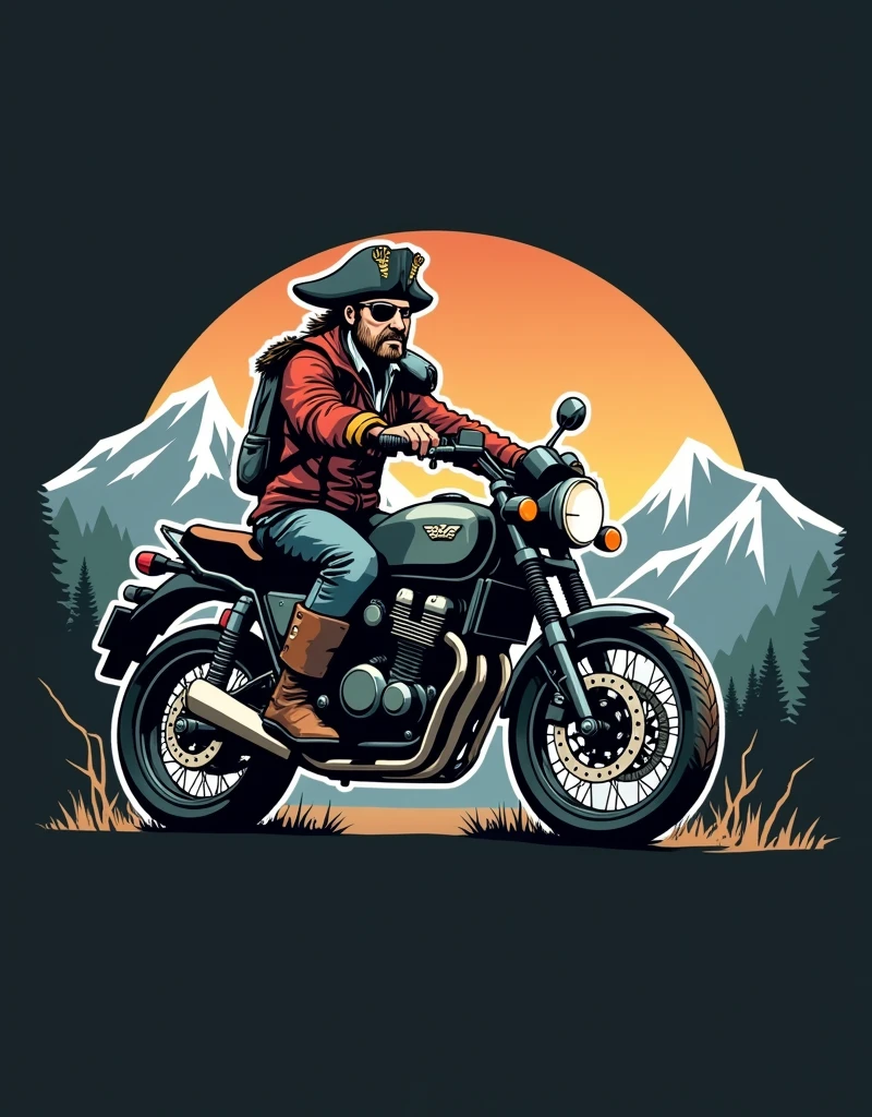 ((logo with white border:1.5)), ((Honda NC750X model year 2024 :1.5)) , ((trail bike with suitcases:1.5)), ((pirate driving motorcycle)), (((crear un logo with white border de un pirata manejando una honda NC750x))), mountains background
