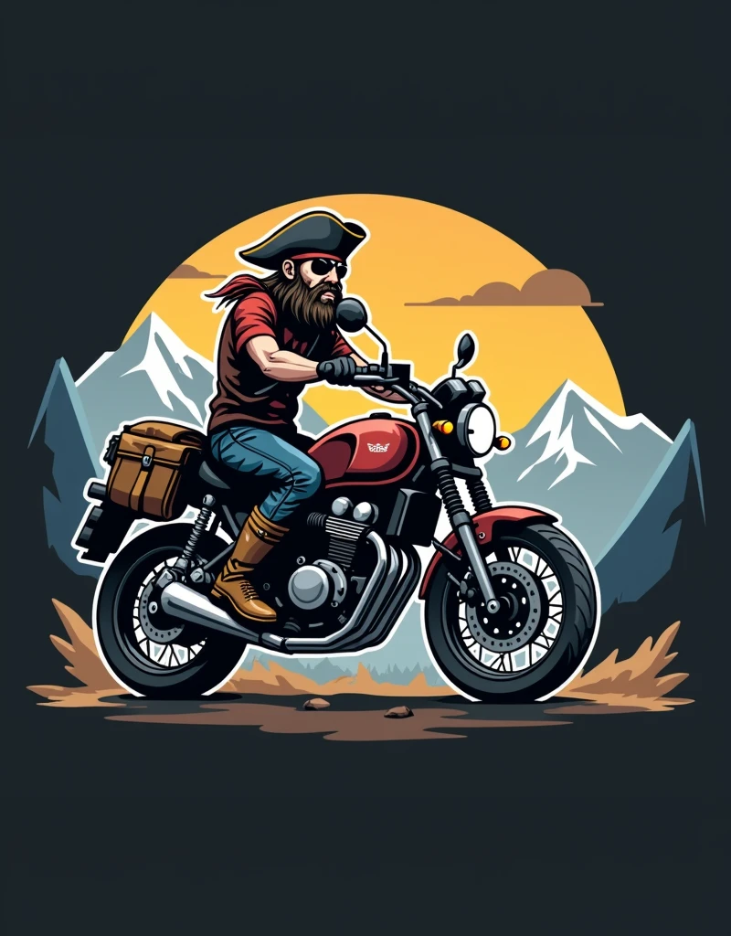 ((logo with white border:1.5)), ((Honda NC750X model year 2024 :1.5)) , ((trail bike with suitcases:1.5)), ((pirate driving motorcycle)), (((crear un logo with white border de un pirata manejando una honda NC750x))), mountains background
