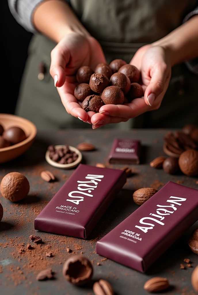 preparation of table cocolate in balls, cocoa nips, chocolate bar and that says Matoga in white and that it looks artisanal, that it is seen that a woman makes it, change the boxes so that they are in burgundy and say made in Arauca and without anything else, so that the Matoga looks clearer and more products are seen where it says aradonal, say araucano, so that only the hands of the woman can be seen

