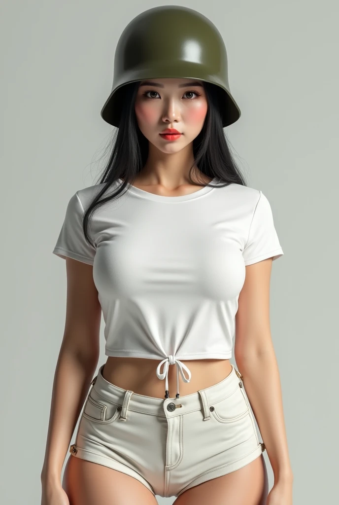 Ultra realistic photorealism attractive Chinese woman from the front with big breasts and big ass in white t-shirt with shorts standing 8k standing wearing a war helmet 