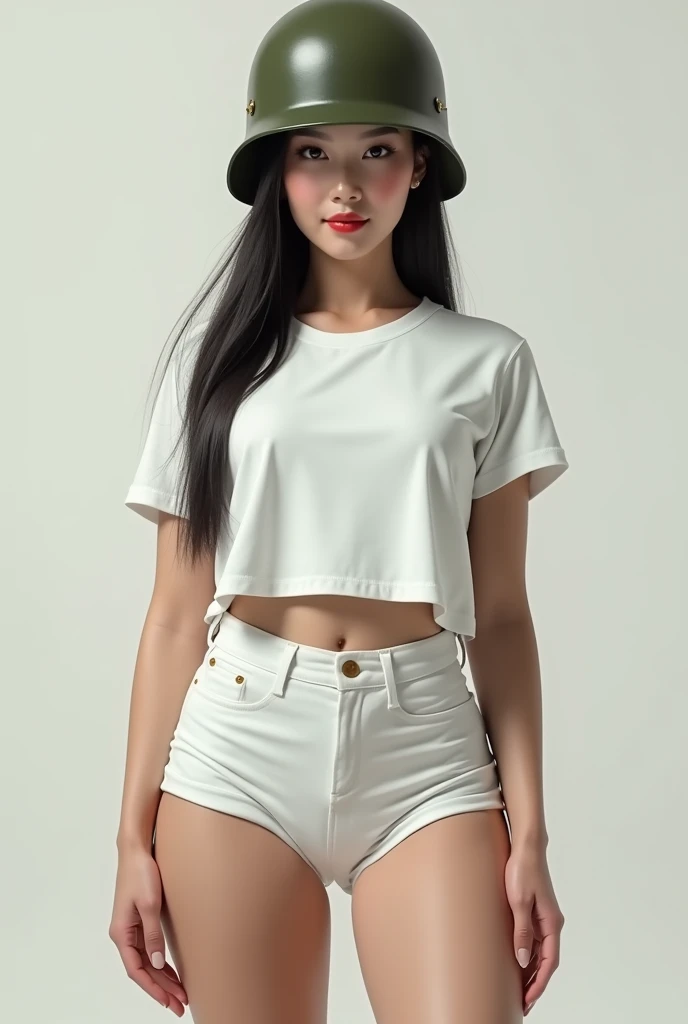 Ultra realistic photorealism attractive Chinese woman from the front with big breasts and big ass in white t-shirt with shorts standing 8k standing wearing a war helmet 