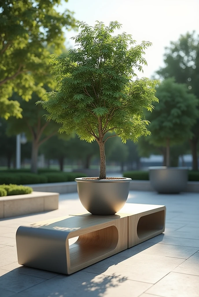 Bench with and without backrest, with innovative design integrated into a vase with tree 