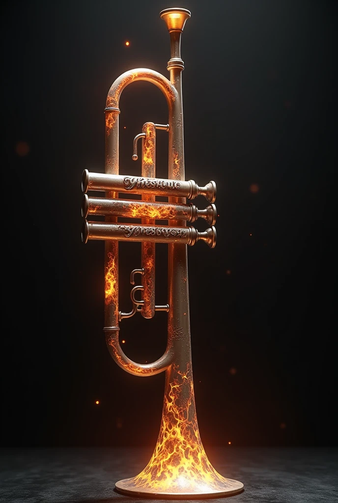 Make a trumpet with YHESUA engraved on it , that the pistons and pump have fire design