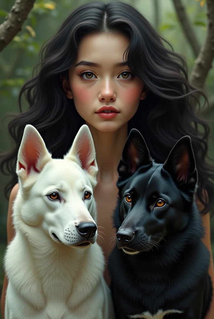 Young woman with black hair and white skin with 2 dogs, one a white English bull terrier and the other a black calupoh wolfdog.